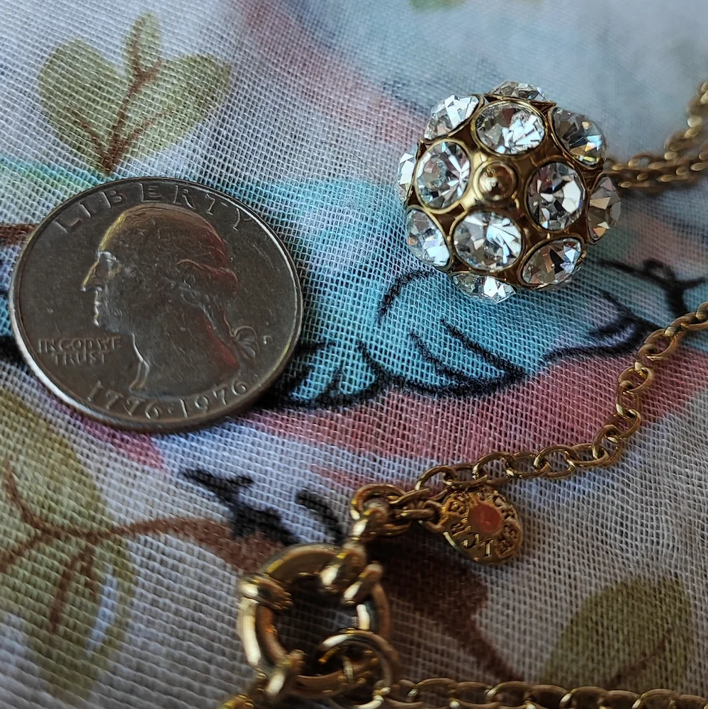 J Crew Single Round Disco Ball Style Rhinestone Pendant Necklace Clear Bezel Set